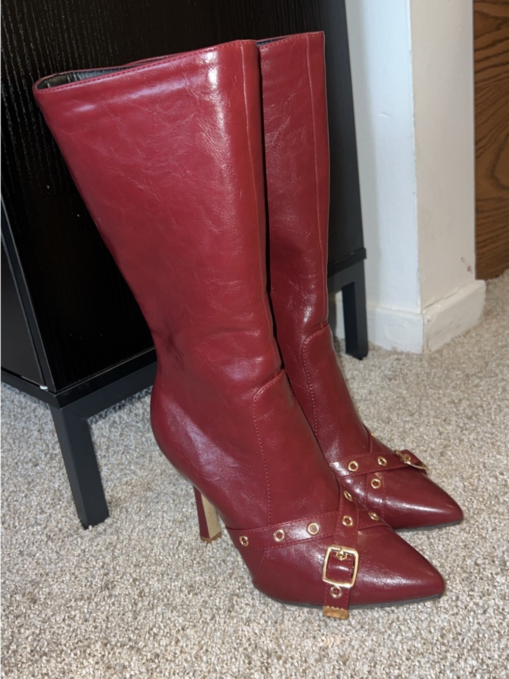 Women's Red Leather Mid-Calf Pointed Toe Heeled Boots with Buckle Detail